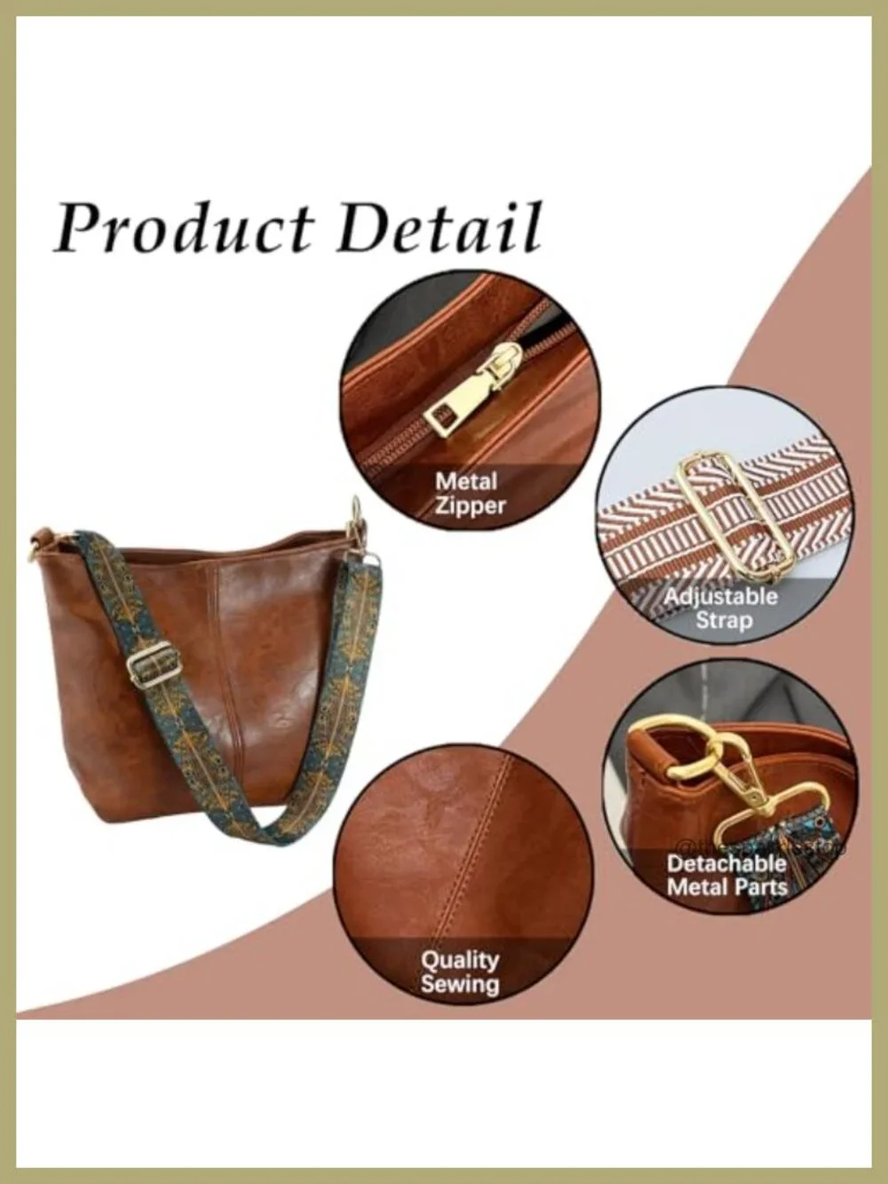 Vegan Leather Hobo Crossbody Bag with Zipper